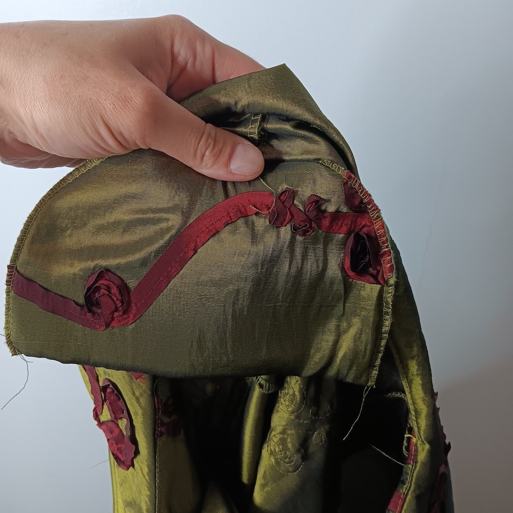 VTG Trench Coat M Green Red Rosette Double Breasted Avant Garde Runway Couture - Picture 10 of 11